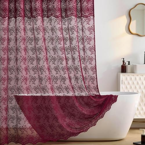 TUDECO Lace Burgundy Shower Curtain with Attached Valance, 72 x 72 Inch