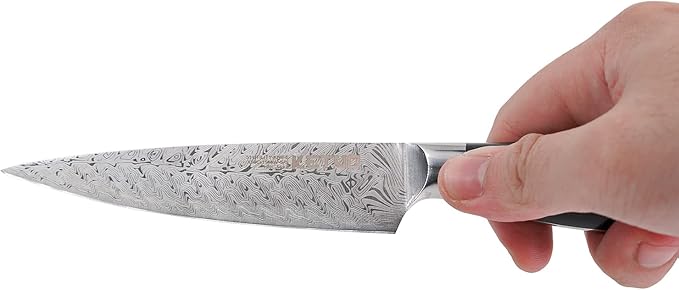 Ketuo Professional Chef Knife Damascus Carbon Steel with Laser Pattern Blade and Black Pakka Wood (5 Inch Utility Knife)