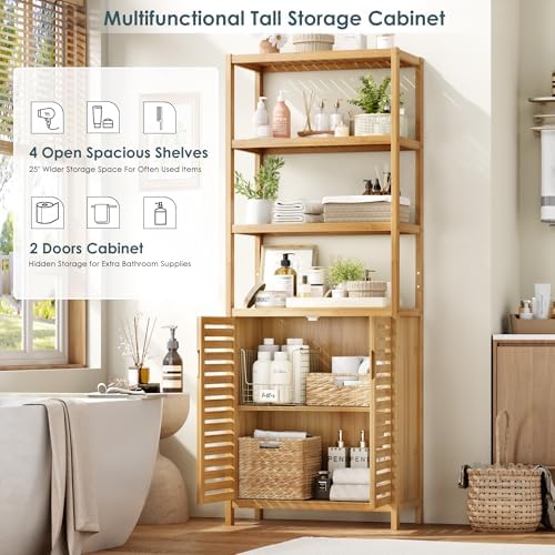 HIFIT 66" Tall Bathroom Storage Cabinet, Natural Bamboo Cabinet, for Narrow