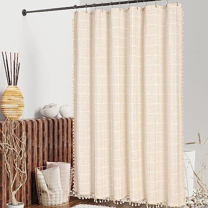 Boho Farmhouse Classic Plaid Linen Tassel Shower Curtain Cream,72x72
