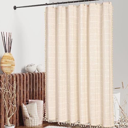 Boho Farmhouse Classic Plaid Linen Tassel Shower Curtain Cream,36x72