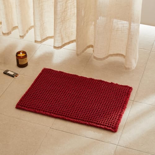 TYUU Waffle Bath Mat, Small Boho Bathroom Rugs Non Slip 24x16 Burgundy