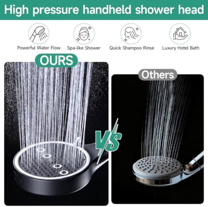 Handheld Shower Head with Hose, 6 Spray Settings, High Pressure, Chrome Finish, Rain, Pulse, Boost, Spray, Mix, Cleaning Modes (Black)