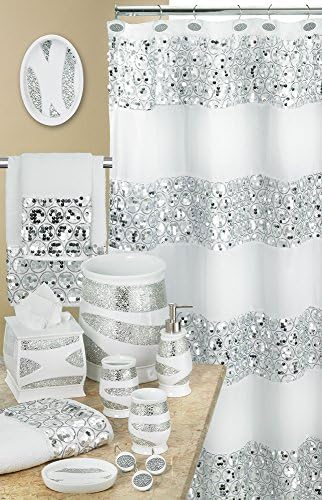 Zahari Home 4pc Sinatra Stylish Bathroom Accessories Set White Soap Dispenser, Tumbler, Tooth Brush Holder and Soap Dish Modern Classic Luxury Decor Bling Mosaic Glass White Bathroom Accessories