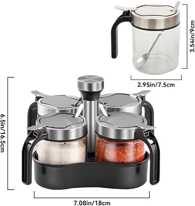 Revolving Condiment Pots Sugar Bowl Salt & Pepper Cellar with Lid and Spoon, Set of 4 Seasoning Box Spice Jar with 360 Rotating Holder Tray for Kitchen, 4 Pots
