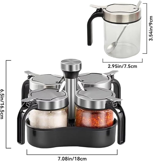 Revolving Condiment Pots Sugar Bowl Salt & Pepper Cellar with Lid and Spoon, Set of 4 Seasoning Box Spice Jar with 360 Rotating Holder Tray for Kitchen, 4 Pots