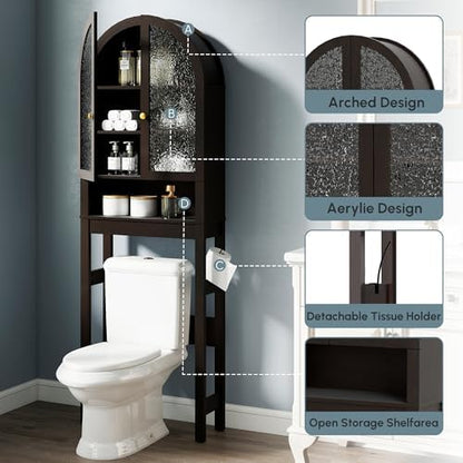 Over The Toilet Storage Cabinet, Arched Bathroom Organizer and Storage with Acrylic Doors and Adjustable Shelf , Space-Saving Modern Freestanding Bathroom Modern Storage Cabinet Over Toilet (Espresso)