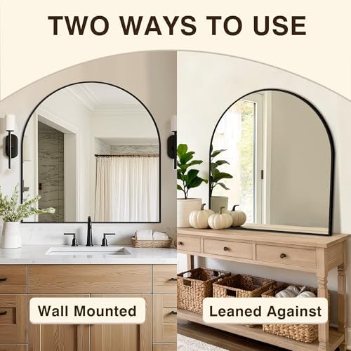 Arched Bathroom Vanity Mirror for Over Sink, 32”x30”, Black