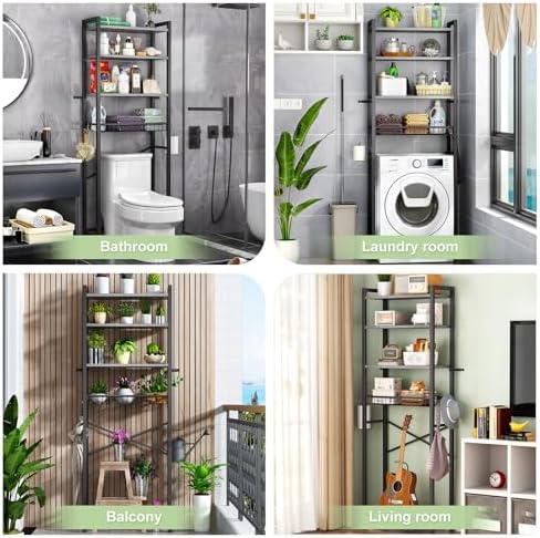 Kalrin Over-The-Toilet Storage Rack, 4-Tier Bathroom Organizer Shelf Over Toilet with Adjustable Shelf and Basket, Freestanding Space Saver Bathroom Shelves Above Toilet for Room (Pure Gray)