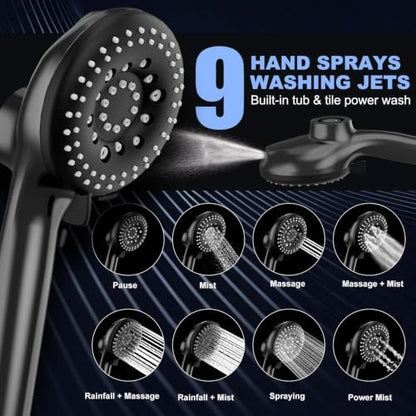 12 Inch High Pressure Rainfall Shower Head Combo,9 Settings Handheld Shower