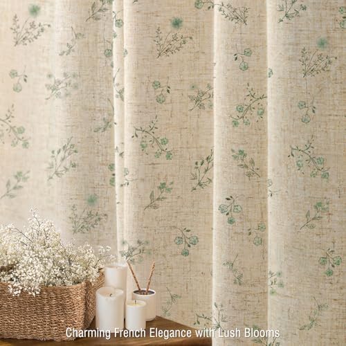 Sage Green Floral Farmhouse French Vintage Linen Shower Curtain 72Wx84H