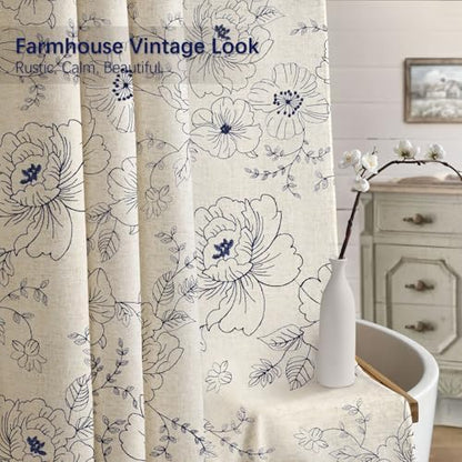 Farmhouse Floral Vintage Shower Curtain for Bathroom, Blue Embroidered
