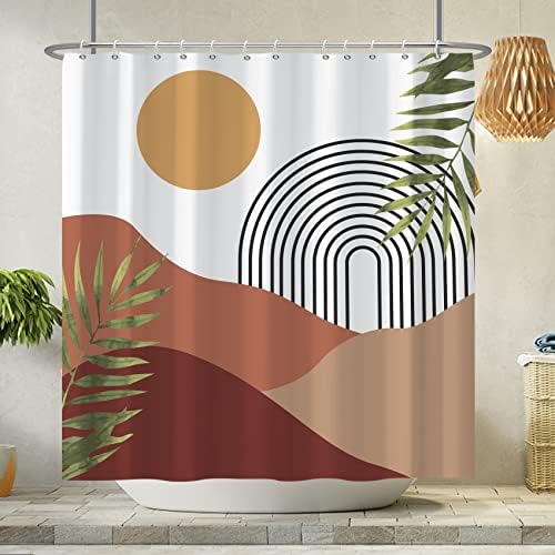 AWERT Boho Shower Curtain with Hooks Arch Sun Rainbow Green Leaves Mid Century Shower Curtain for Bathroom Washable Bathroom Accessories Bathtub Decor 72x72inch