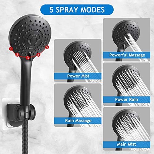 Shower Head Combo, 8 Inch High Pressure Rain with 11 Inch Adjustable Extension Arm and 5 Settings Handheld, Powerful Spray Against Low Water Pressure- Matte Black