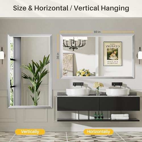 Briivue Bathroom Wall Mirror, Silver Brushed Nickel Metal Frame, 60x36 Inch