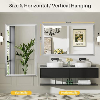 Briivue Bathroom Wall Mirror, Silver Brushed Nickel Metal Frame, 60x36 Inch