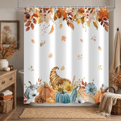 Harvest Pumpkin Shower Curtain, 72 x 78 Inch Watercolor Fall Bathroom Curtain with Autumn Leaves, Cornucopia and Blue Pumpkin Design, Farmhouse Bath Decor