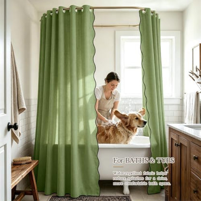 Furlinic Scalloped Linen No Hook Shower Curtain Sage Green Waterproof 72x75