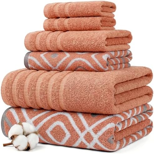 Modern Threads 6 Piece Bath Towel Set – Bathroom Set with 2 Bath Towels, 2 Hand Towels, and 2 Wash Cloths – 100% Cotton, Super Absorbent & Extra Soft – Reversible Classic Diamond (Rust Orange)