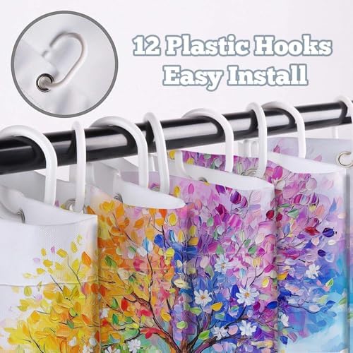 Watercolor Oil Painting Tree Shower Curtains, Colored Seasons Trees Floral Fabric Shower Curtain Set Colorful Abstract Aesthetic Bath Curtain for Bathroom Decor Waterproof Cloth with Hooks 72X72 Inch