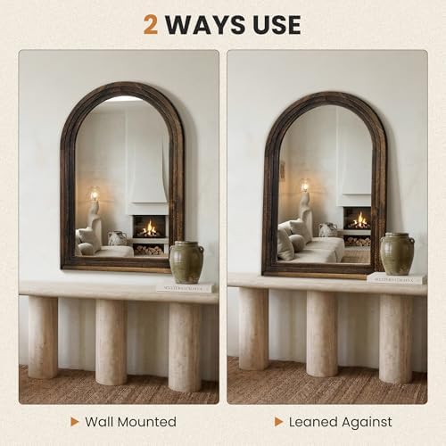 Arched Bathroom Mirror, 38"x26" Brown Wood Frame Wall Mirror