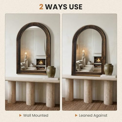 Arched Bathroom Mirror, 38"x26" Brown Wood Frame Wall Mirror