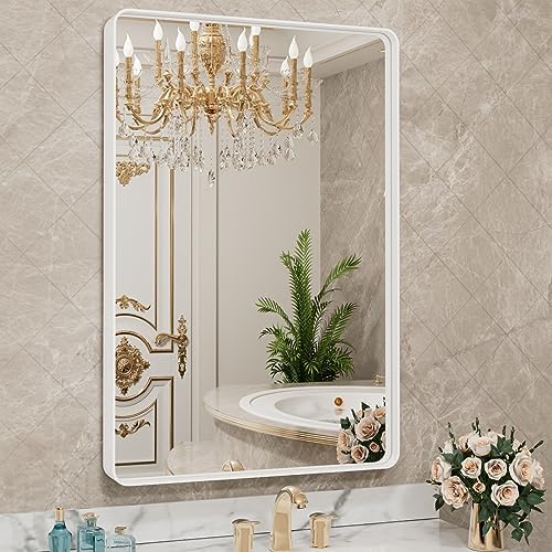 LOAAO 24x32 Inch White Metal Framed Bathroom Mirror