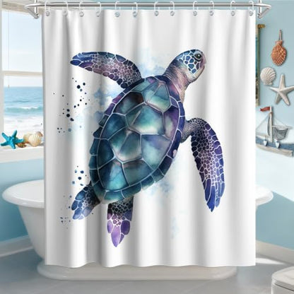 Funny Sea Turtle Shower Curtains Ocean Animal Cartoon Kids Theme Cloth Fabric Bathroom Decor Sets with Hooks Waterproof Washable 72W x 78H inches Teal Purple