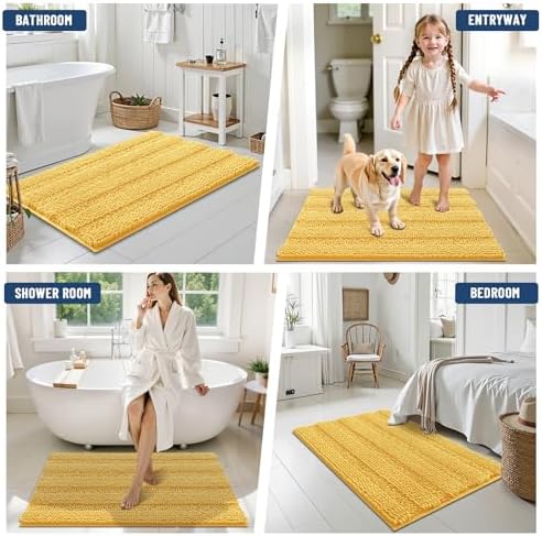 Grandaily Chenille Striped Bathroom Rugs 59x24, Extra Thick and Soft Absorbent Bath Mats, Rubber Backing, Plush Shaggy Shower Carpet, Machine Wash Dry, Bath Rug for Bathroom, Light Yellow