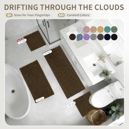 Bathroom Rugs Non Slip Washable 60x24, Extra Thick Soft Chenille Absorbent Bath Mat, High Density Barrier Non Slip Backing, Quick Dry Plush Shaggy Floor Carpet for Tub&Shower, Brown