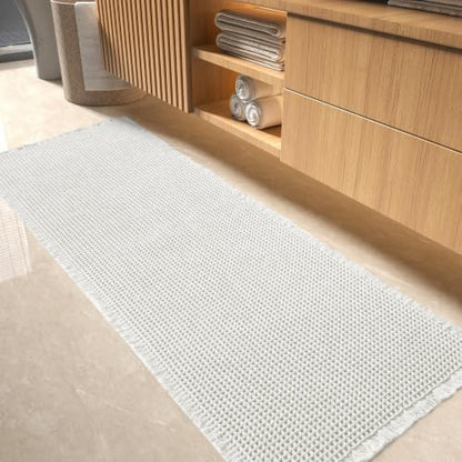 tchdio Waffle Bath Mat-Runner Rug, Super Absorbent Non Slip Bath Mats for Bathroom Machine Washable Long Rugs with Tassels, Bath Rugs for Bathroom Floor Beside Tub, 2' x 6'(24" x 72"), White