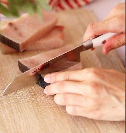 Arcos Santoku Knife Forged Blade Stainless Steel NITRUM 140mm, POM Handle White, Resistant to Extreme Temperatures and Chemicals, Riviera Blanc Series