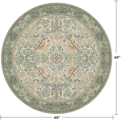 Hazo Haus Washable Sage Green 5ft Area Round Rug for Living Room - Vintage Circular Rug for Kids Bedroom, Dining Room, Office with Botanical Floral Bird Pattern, Low Pile Non Slip Stain Resistant