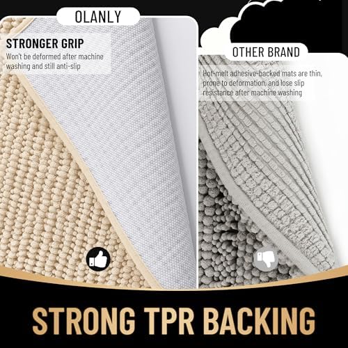 OLANLY Thick Chenille Bathroom Runner Rugs 59x24, Absorbent Bath Mat, Beige