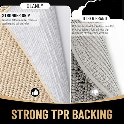 OLANLY Thick Chenille Bathroom Rugs 30x20, Soft Absorbent Bath Mat, Beige