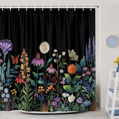 Boho Dark Floral Shower Curtain, Bright Colorful Rustic Wildflower Shower Curtain for Bathroom, Black Gothic Flowers Farmhouse Botanical Shower Curtains Machine Washable with 12 Hooks 72"X72" Inch