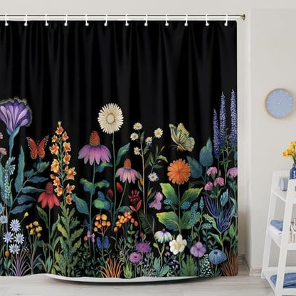 Boho Dark Floral Shower Curtain, Bright Colorful Rustic Wildflower Shower Curtain for Bathroom, Black Gothic Flowers Farmhouse Botanical Shower Curtains Machine Washable with 12 Hooks 72"X72" Inch