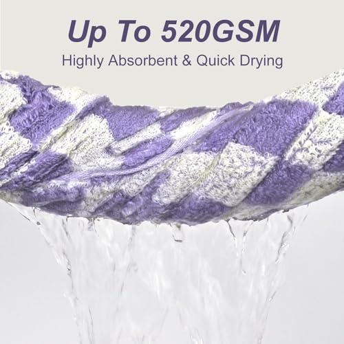 Purple and white patterned towel being squeezed to show water drainage, with text reading 'Up To 520GSM' and 'Highly Absorbent & Quick Drying' on a light gray background.