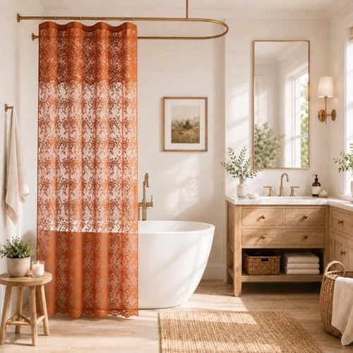 Orange Shower Curtain 36x72, Narrow Stall Lace with Attached Valance