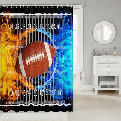 jejeloiu Football Bath Curtain Boys Girls 72"x84" Shower Curtain for Kids Women Men Waterproof Ice Fire Kids Bathroom Accessories