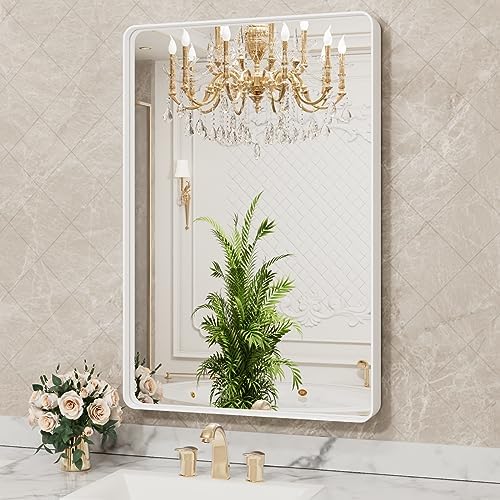 LOAAO 24x32 Inch White Metal Framed Bathroom Mirror