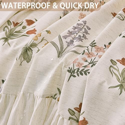 ORTIGIA Linen Textured Ruffle Shower Curtain with Metal Hooks, Vintage Boho Farmhouse Floral Linen Cottagecore Shower Curtain Bathroom Waterproof 72x72 Inch