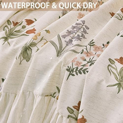 ORTIGIA Linen Textured Ruffle Shower Curtain with Metal Hooks, Vintage Boho Farmhouse Floral Linen Cottagecore Shower Curtain Bathroom Waterproof 72x72 Inch