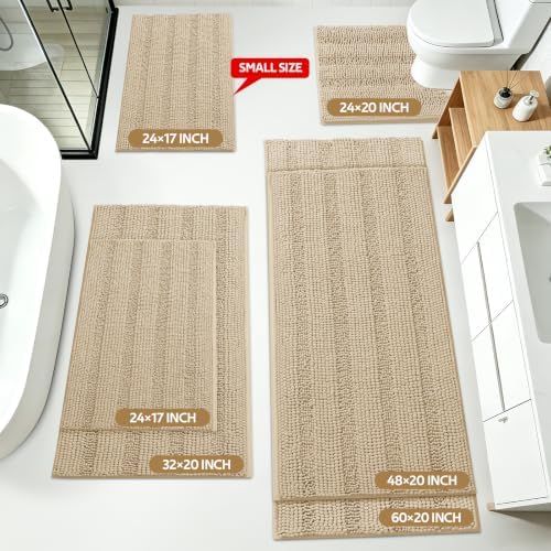 ACCUMTEK Striped Beige Bathroom Rug Mat Set 2 piece 32"x20"+24"x17" Ultra Soft, Non Slip Chenille Bath Rugs, Absorbent Plush Shaggy Bath Mats for Bathroom, Bedroom, Kitchen, Shower, Tub