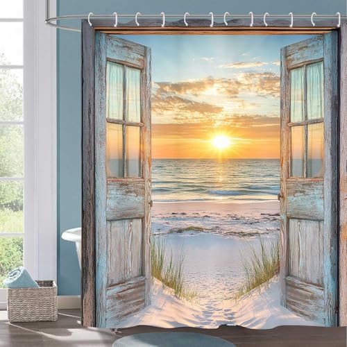 Beach Coastal Shower Curtain, Ocean Barn Door Nautical Sunrise Seaside Seascape Wave Decor Bath Curtains, Rustic Wood Teal Turquoise Bathroom Accessories Fabric Waterproof with Hooks, 60X70in