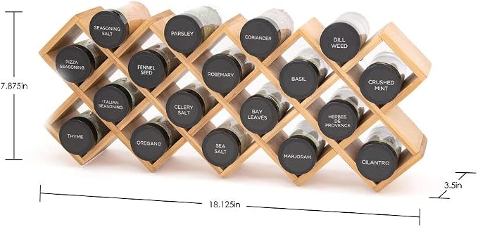 Kamenstein Criss Cross 18 Jar Bamboo Spice Rack with Spices Included - Countertop, Drawer, or Wall Mount Organizer with Refill Program