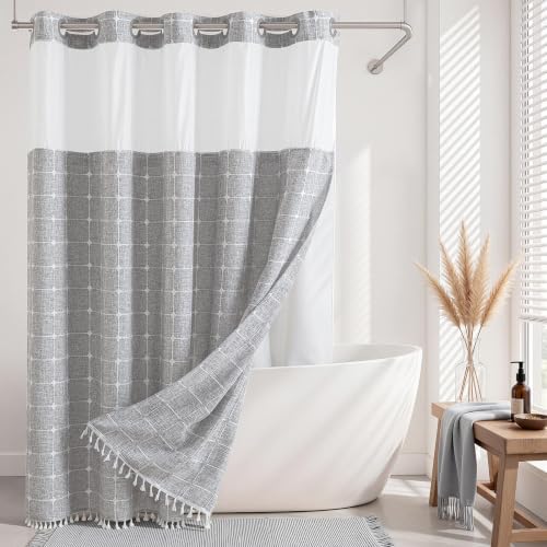 River Dream Farmhouse No Hooks Shower Curtain with Snap-in Liner,Grey,71x86