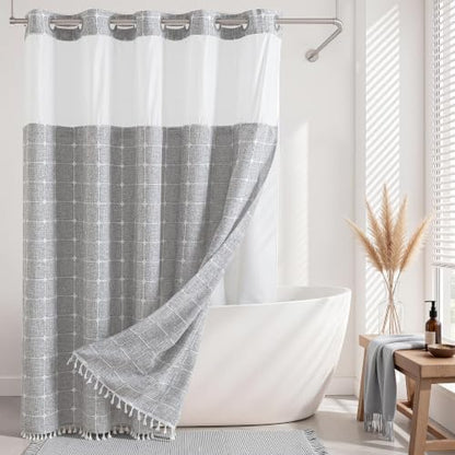 River Dream Farmhouse No Hooks Shower Curtain with Snap-in Liner,Grey,71x86