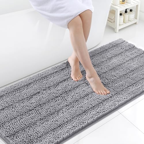 Grandaily Chenille Striped Bathroom Rugs 59x24, Extra Thick and Soft Absorbent Bath Mats, Rubber Backing, Plush Shaggy Shower Carpet, Machine Wash Dry, Bath Rug for Bathroom, Grey