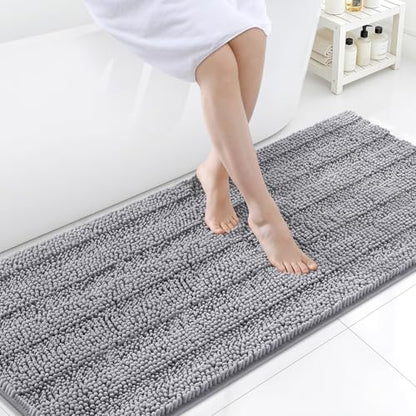 Grandaily Chenille Striped Bathroom Rugs 59x24, Extra Thick and Soft Absorbent Bath Mats, Rubber Backing, Plush Shaggy Shower Carpet, Machine Wash Dry, Bath Rug for Bathroom, Grey